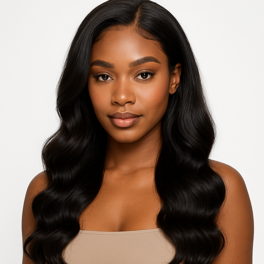 African American woman wearing 18-inch Brazilian Body Wave HD Closure with 4x4 free part lace, styled in soft waves using virgin human hair